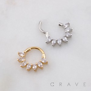 FAN-SHAPED SEVEN PEAR-CUT CZ 316L SURGICAL STEEL SEPTUM HINGED SEGMENT HOOP RING